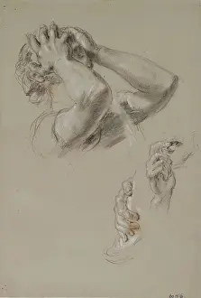 Black Chalk Drawings Prints: Head with Hands hiding Face, Study of Hands, c1825-1849. Creator: William Allan