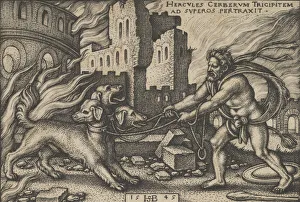 Hercules Capturing Cerberus, from The Labors of Hercules, 1545. Creator: Sebald Beham Hercules Capturing Cerberus, from The Labors of Hercules, 1545. Creator: Sebald Beham