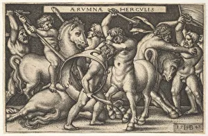 Hercules with his club in center fighting a centaur, other men fighting centaurs to left Hercules with his club in center fighting a centaur, other men fighting centaurs to left
