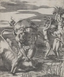 Hercules defeating the river god Achelous in the form of a bull, with three women t Hercules defeating the river god Achelous in the form of a bull, with three women t