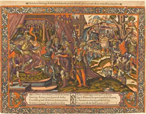 Hand Colored Woodcut Prints: Holofernes Interrogating Achior, c. 1575. Creator: Unknown