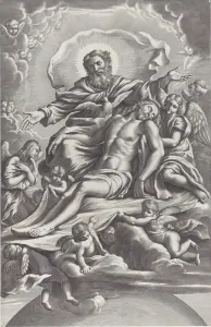 The Holy Trinity, with the dead Christ at center surrounded by angels, God the Father The Holy Trinity, with the dead Christ at center surrounded by angels, God the Father