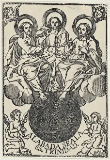 Holy Trinity Art Prints: The Holy Trinity sitting on clouds surrounded by angels. Creator: Anon