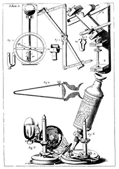 Print of Hookes microscope with condenser for concentrating light, 1665