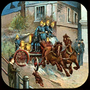 Victorian Era Firefighting Prints: Horse-drawn fire engine, c19th century