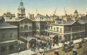 Prints of Horse Guards, Whitehall, London, c1910. The Horse Guards building, designed by William Kent, was constructed in the 1750s. Postcard Landscapes Prints: Horse Guards, Whitehall, London Print c1910