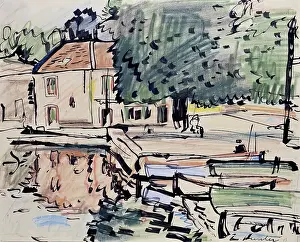 Post Impressionist Painting Prints: House By The Water - Reflections, c1927. Creator: George Leslie Hunter