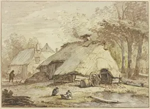 Dutch Golden Age Painting Prints: Three huts under trees, three ducks sitting in the foreground