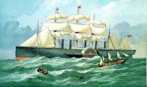 Great Eastern Steamship Prints: IK Brunels steam ship Great Eastern showing housing for paddle wheel, and sails, 1857