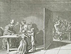 Print of a young boy reading an illustrated textbook