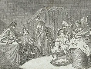 Print of a young boy reading from Basedows Elementary Work, 1770