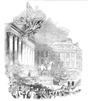 Prints of Inauguration of the Wellington Statue, Glasgow, 1844. Unveiling of an equestrian sculpture of British soldier and politician Arthur Wellesley, 1st Duke of Wellington, in front of the Royal Exchange Arthur Wellesley Prints: Inauguration of the Wellington Statue, Glasgow, 1844 Print
