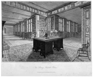 English Heritage Architecture Prints: Interior view of the library at Lambeth Palace, with a desk in the foreground, 1805
