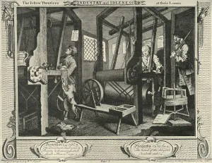 William Hogarth Engraving Prints: Interior of a Weavers Workshop, 1747, (1925). Creator: William Hogarth