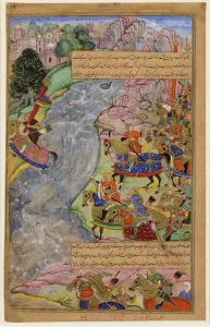 Jalal al-Din Khwarazm-Shah crossing the rapid Indus river, escaping Chinggis Khan and his army Jalal al-Din Khwarazm-Shah crossing the rapid Indus river, escaping Chinggis Khan and his army