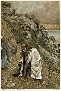 Bible Scene Art Prints: Jesus casting devils out of a kneeling man, c1890