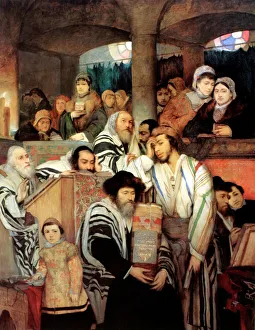 Jews praying in the Synagogue on Yom Kippur, 1878. Artist: Maurycy Gottlieb Jews praying in the Synagogue on Yom Kippur, 1878. Artist: Maurycy Gottlieb