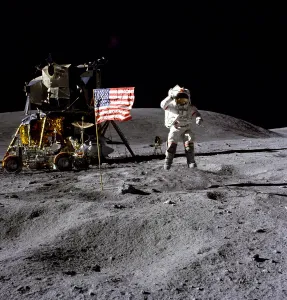 Space Exploration History Prints: John Young on the lunar surface, 1972. Creator: Charles Duke