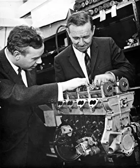 Classic Transport Photography Prints: Keith Duckworth (left) with Harley Copp and Ford Formula II engine 1966. Creator: Unknown