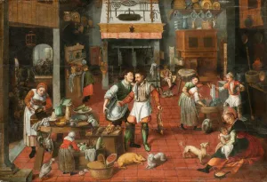 Oil On Wood Fine Art Images Prints: Kitchen interior, c. 1565. Creator: Cleve, Marten van, the Elder (1527-1581)