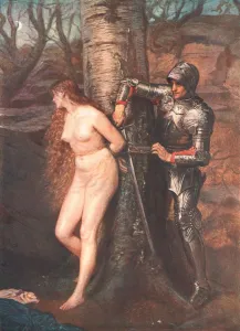 Prints of The Knight Errant, 1870, (c1902). After a painting in the Tate Gallery, London. Victorian imagining of a medieval scene where a knight rescues a maiden in distress John Everett Millais Prints: Victorian Print of The Knight Errant, 1870