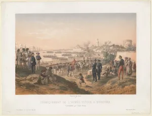 Landing of the Turkish army at Yevpatoriaunder the command of Omer Pasha, 1855. Artist: Deroy Landing of the Turkish army at Yevpatoriaunder the command of Omer Pasha, 1855. Artist: Deroy
