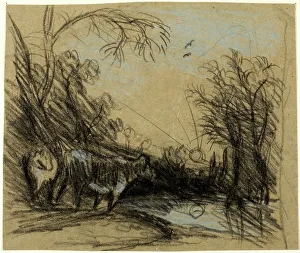 Farm Animals In Art History Prints: Landscape with Cows, n.d. Creator: John Constable