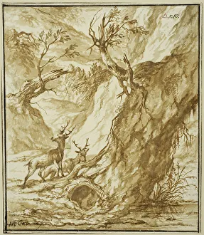Baroque Landscape Art Prints: Landscape with two deer by a large tree trunk. Creator: Michiel Carree