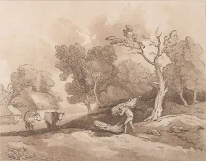 Thomas Rowlandson Aquatint Prints: Landscape with a Figure Carrying a Bundle of Branches, a Copice Behind, Two Cows i