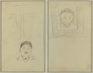 Animal Depiction In Art Prints: Landscape and Head of Man; Head of Monkey Inside a Square [recto]