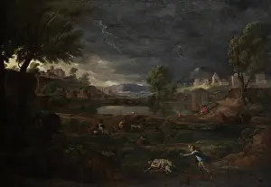 Prints of Landscape during a Thunderstorm with Pyramus and Thisbe, 1651. The literary source is the tragic Romeo-and-Juliet-like story of Pyramus and Thisbe, told by Ovid in his Metamorphoses' Nicolas Poussin Prints: Landscape during a Thunderstorm with Pyramus and Thisbe Print, 1651