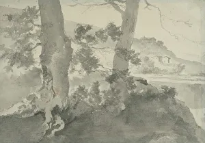 Netherlands Landscape Artists Prints: Landscape with two tree trunks in the foreground. Creator: Adam Pynacker