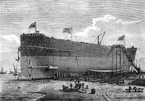 Industrial Revolution Transportation Prints: Launch of the Faraday, telegraph cable ship, 1874. Creator: Josiah Robert Wells