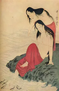Prints of The left hand and last panel of a triptych by Utamaro, c1797-98, (1936). Kitagawa Utamaro (1753-1806), Japanese ukiyo-e woodblock of a woman lowering one leg into water with another pointing at fish U Prints: Utamaro's Pearl Divers Print, c1797-98