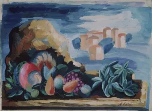 Still life with a landscape, 1930s. Artist: Exter, Alexandra Alexandrovna (1882-1949) Still life with a landscape, 1930s. Artist: Exter, Alexandra Alexandrovna (1882-1949)