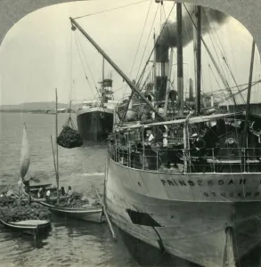 Keystone View Company Photos Prints: Loading Bananas on Ship in Harbor, Santos, Brazil, c1930s. Creator: Unknown