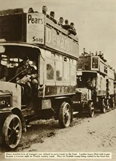 London buses taking Scottish troops to the front, First World War, 1914, (1935). Creator: Unknown London buses taking Scottish troops to the front, First World War, 1914, (1935). Creator: Unknown