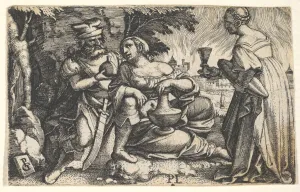Lot and his daughters: a daughter at center rests her right arm on Lot's knee and a ve Lot and his daughters: a daughter at center rests her right arm on Lot's knee and a ve