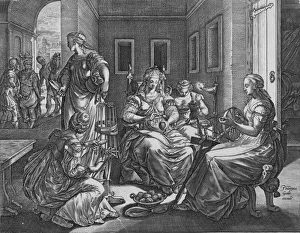 Lucretia and her handmaids spinning, 1537-45. Creator: Antonio Fantuzzi Lucretia and her handmaids spinning, 1537-45. Creator: Antonio Fantuzzi
