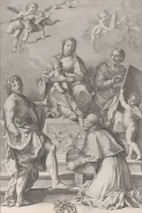 Madonna and Child at center with Saint John the Baptist, Saint Luke, Pope Peter Celestini Madonna and Child at center with Saint John the Baptist, Saint Luke, Pope Peter Celestini