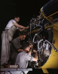 World War II Aviation Industry Prints: Making wiring assemblies at a junction box