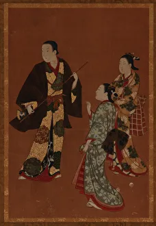 A man, possibly an actor, and two girls, Edo period, 18th century A man, possibly an actor, and two girls, Edo period, 18th century