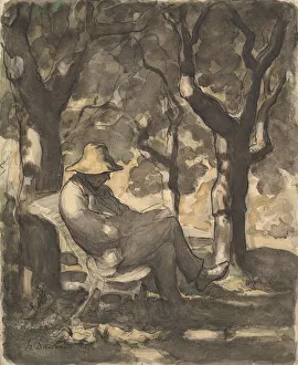 Honore Daumier Print: A Man Reading in a Garden (recto)