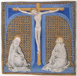 Manuscript Illumination with Crucifixion in an Initial T, from a Missal, French, ca. 1400 Manuscript Illumination with Crucifixion in an Initial T, from a Missal, French, ca. 1400