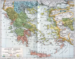 Prints of Map of Ancient Greece, 1902. Illustration from The Worlds History, The Mediterranean Nations, by Dr H F Helmolt, Volume IV, published by William Heinemann, (London, 1902) Map Prints: Map of Ancient Greece Print, 1902