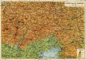 Prints of Map of the Austro-Italian frontier, First World War, (c1920). Mountainous area between Salzburg, Trieste and Cremona, showing the Tyrol Map Prints: Austro-Italian Frontier Map Print, c1920