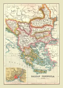 Prints of Map of the Balkan Peninsula, 1902. Showing Bosnia, Servia (Serbia), Romania, Bulgaria, and Turkish-occupied Greece, with inset of Constantinople (Istanbul). From The Century Atlas of the World Bosnia And Herzegovina Prints: Heritage Images Print: Map of the Balkan Peninsula, 1902