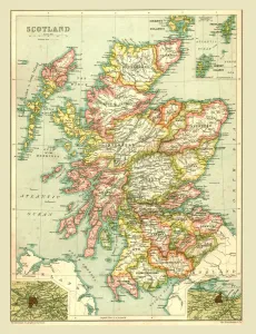 Prints of Map of Scotland, 1902. Showing the various counties and islands including the Hebrides, the Shetlands and the Orkneys, and an inset of the rail networks of Glasgow and Edinburgh Map Prints: Heritage Images Print: Map of Scotland, 1902