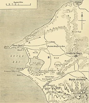 Prints of Map of Suvla Bay, Gallipoli peninsula, First World War, 1915, (c1920). After the Suvla Bay Landing: Approximate Positions of General Stopfords Divisions on the night of August 7, 1915 World War I And II Prints: Suvla Bay Map Print, Gallipoli Peninsula, 1915