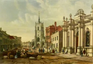Prints of Market Hall, Sudbury, c1850, (1943). View of Market Hill, with St Peters Church, and the Corn Exchange (right), built in 1841, in the town of Sudbury, Suffolk Landscapes Prints: Heritage Images Print: Market Hall, Sudbury, c1850